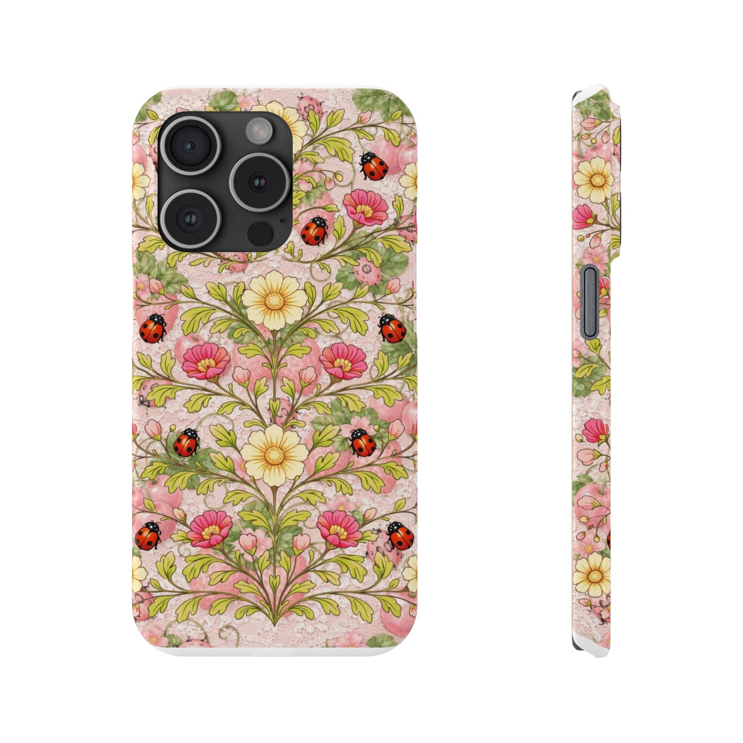 Floral Ladybug Slim Phone Case — Vintage Botanical Pink Garden Design