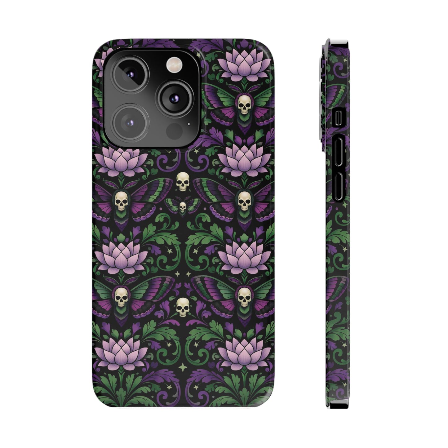 Gothic Lotus & Skull Slim Phone Case — Dark Floral Pattern for iPhone
