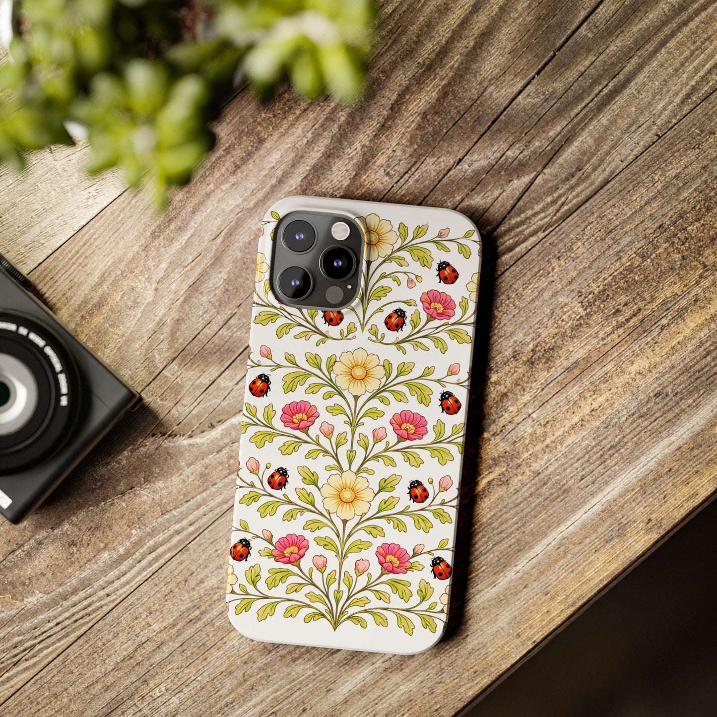 Floral Ladybug Slim Phone Case — Vintage Garden Pattern