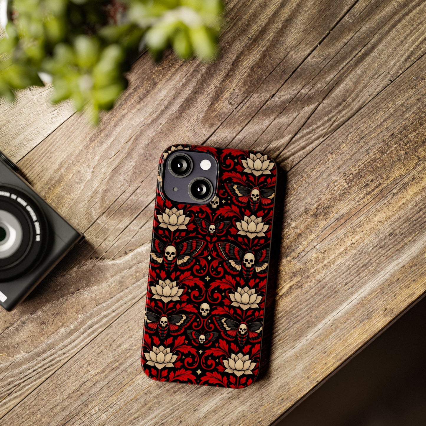 Gothic Skull & Lotus Slim Phone Case — Red Damask Moth Pattern