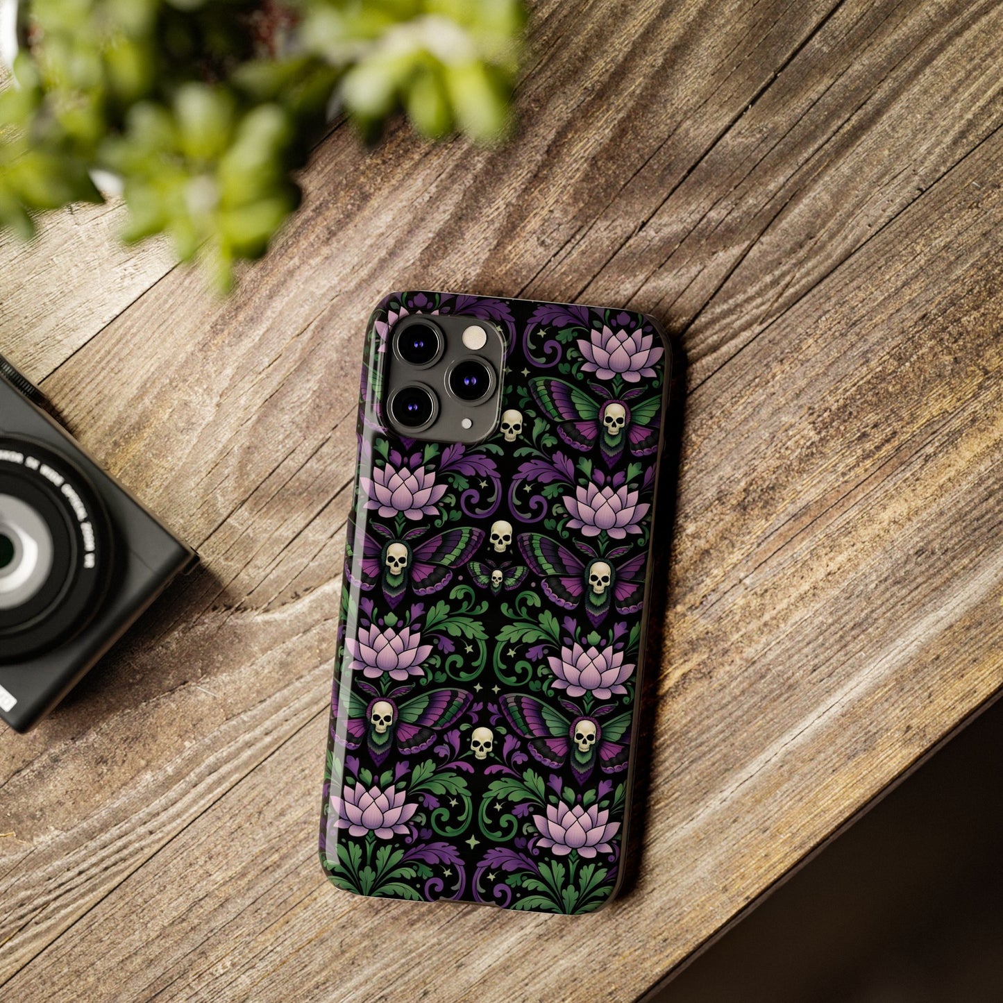 Gothic Lotus & Skull Slim Phone Case — Dark Floral Pattern for iPhone