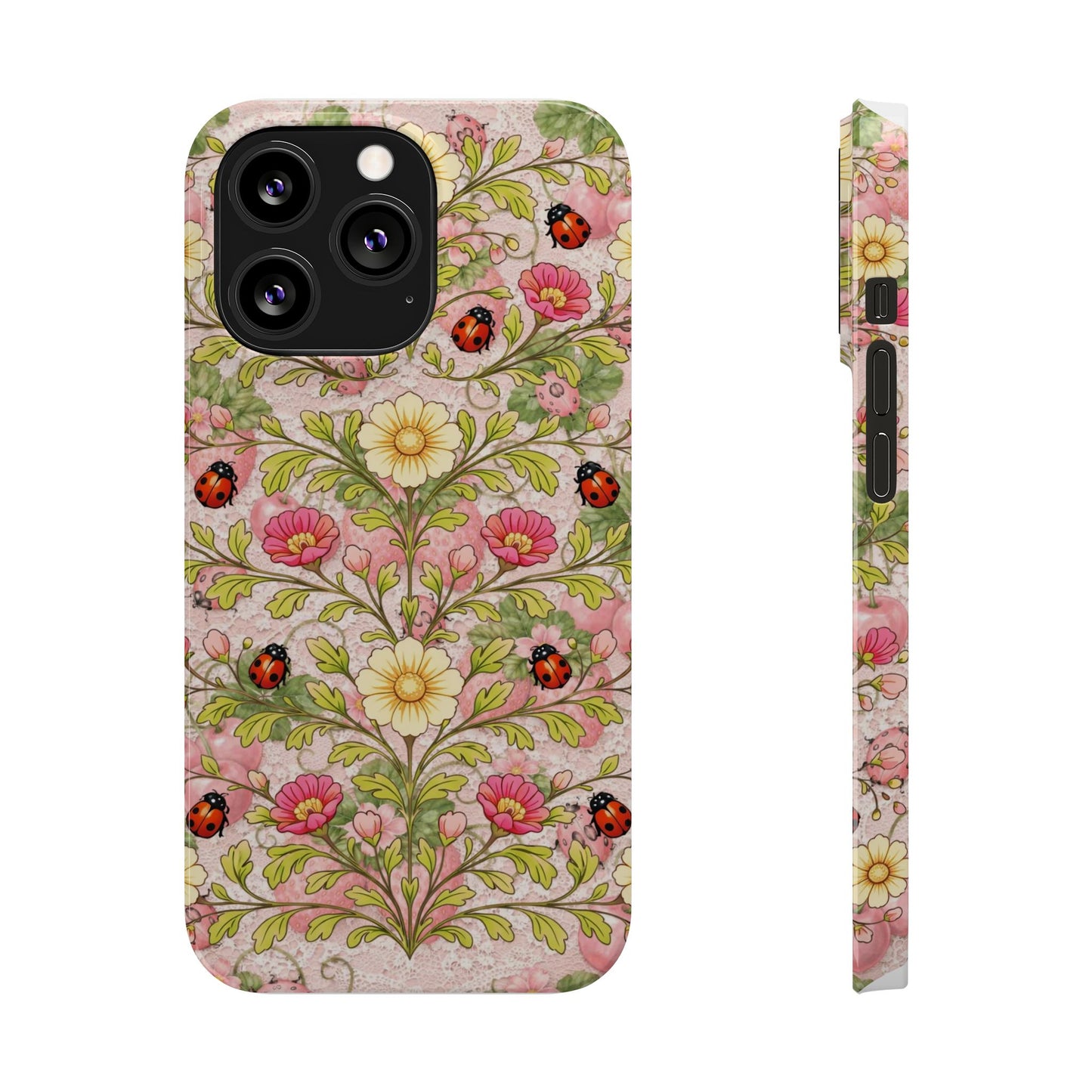 Floral Ladybug Slim Phone Case — Vintage Botanical Pink Garden Design