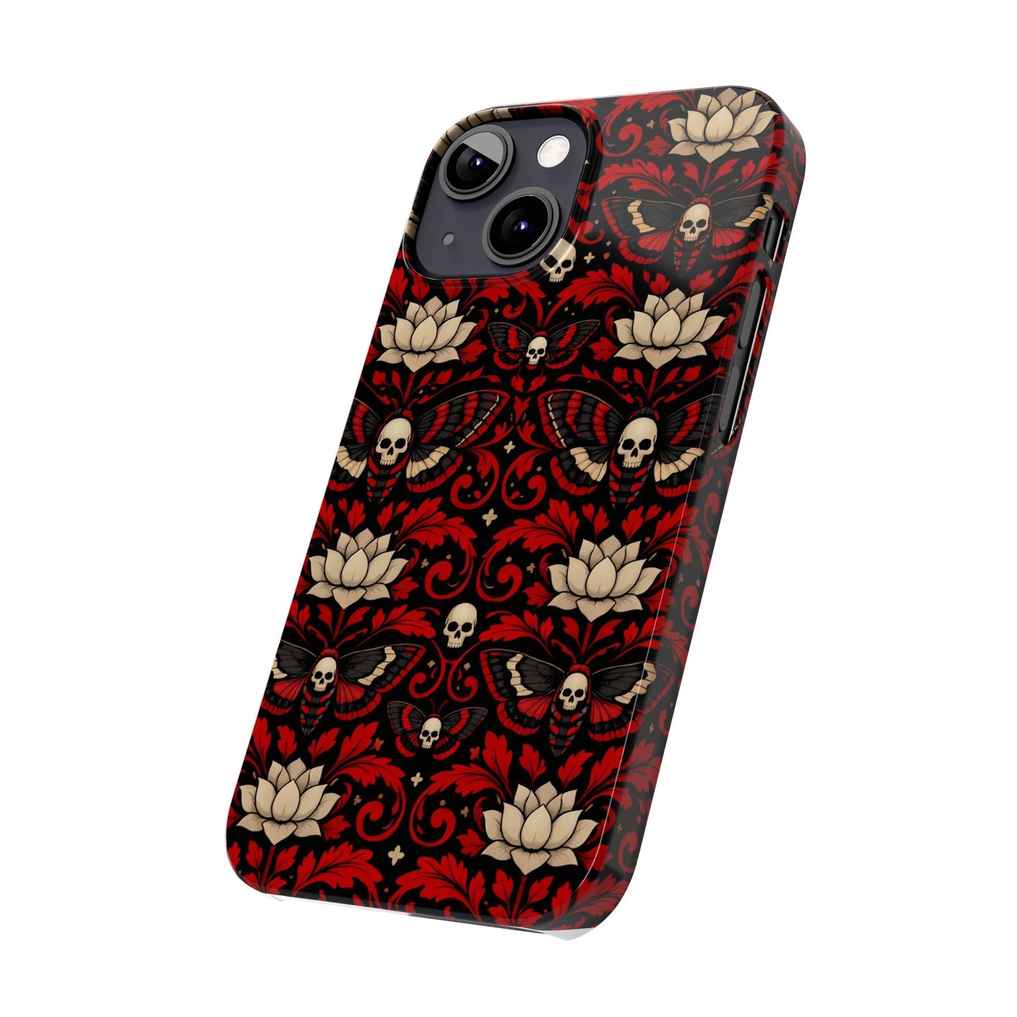Gothic Skull & Lotus Slim Phone Case — Red Damask Moth Pattern