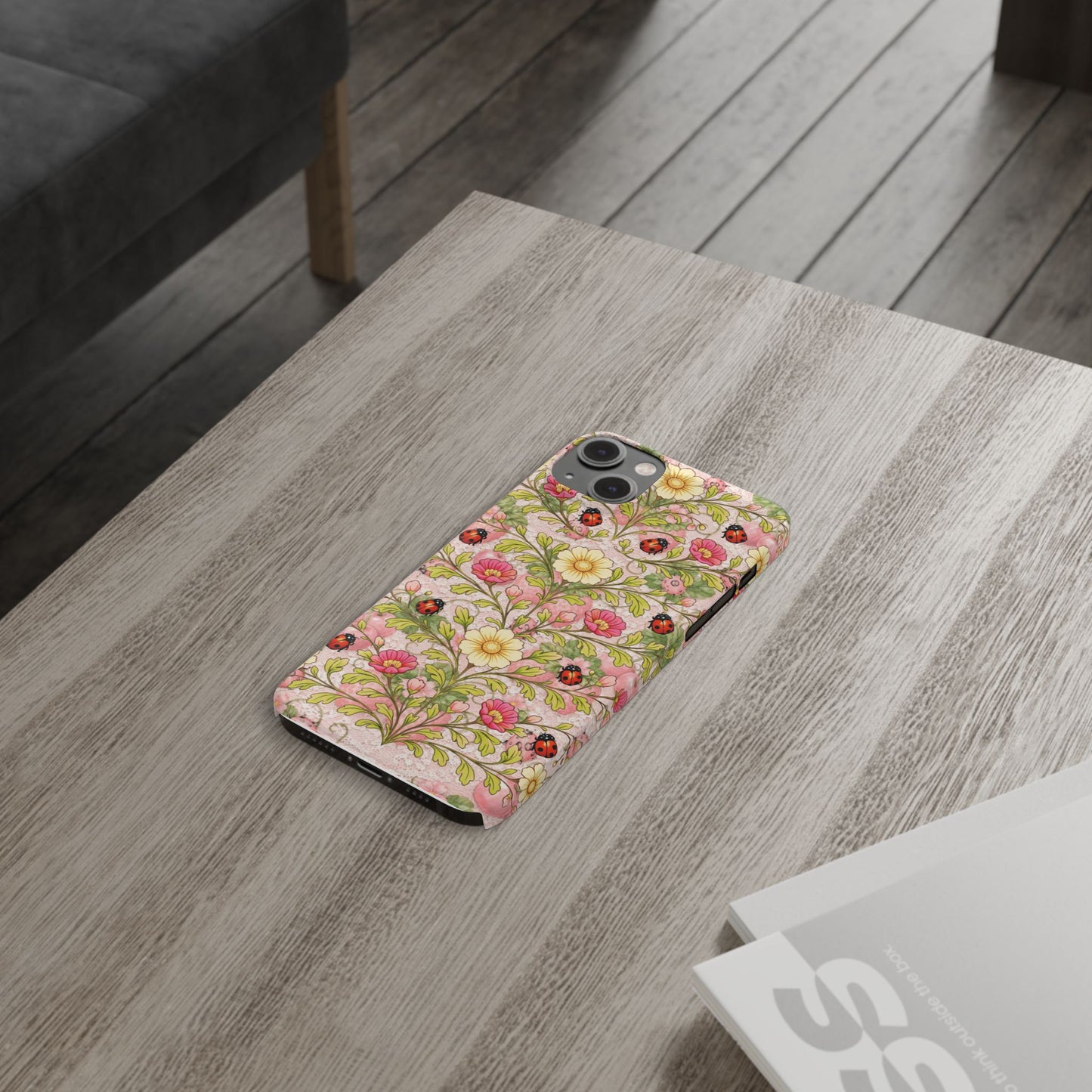 Floral Ladybug Slim Phone Case — Vintage Botanical Pink Garden Design
