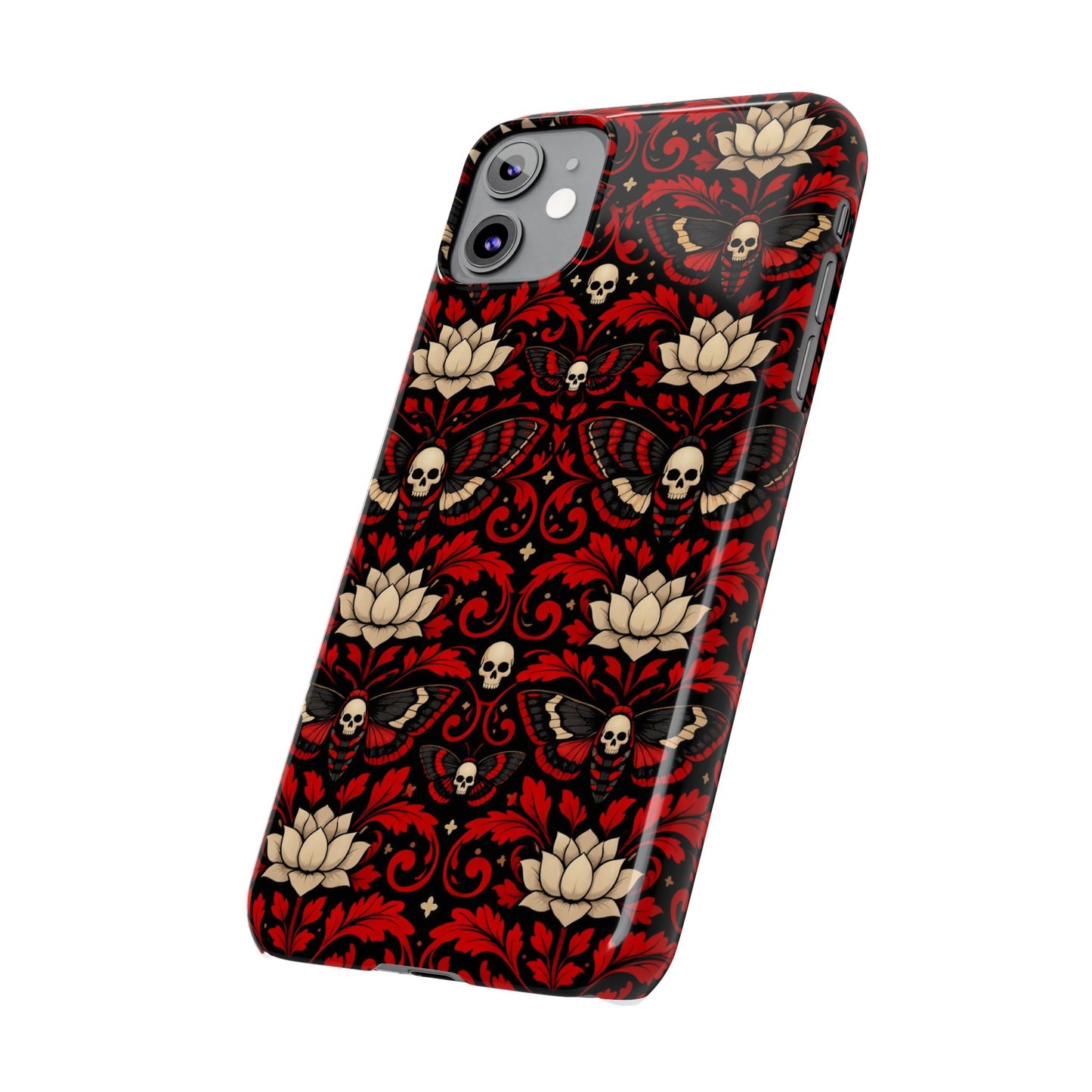 Gothic Skull & Lotus Slim Phone Case — Red Damask Moth Pattern