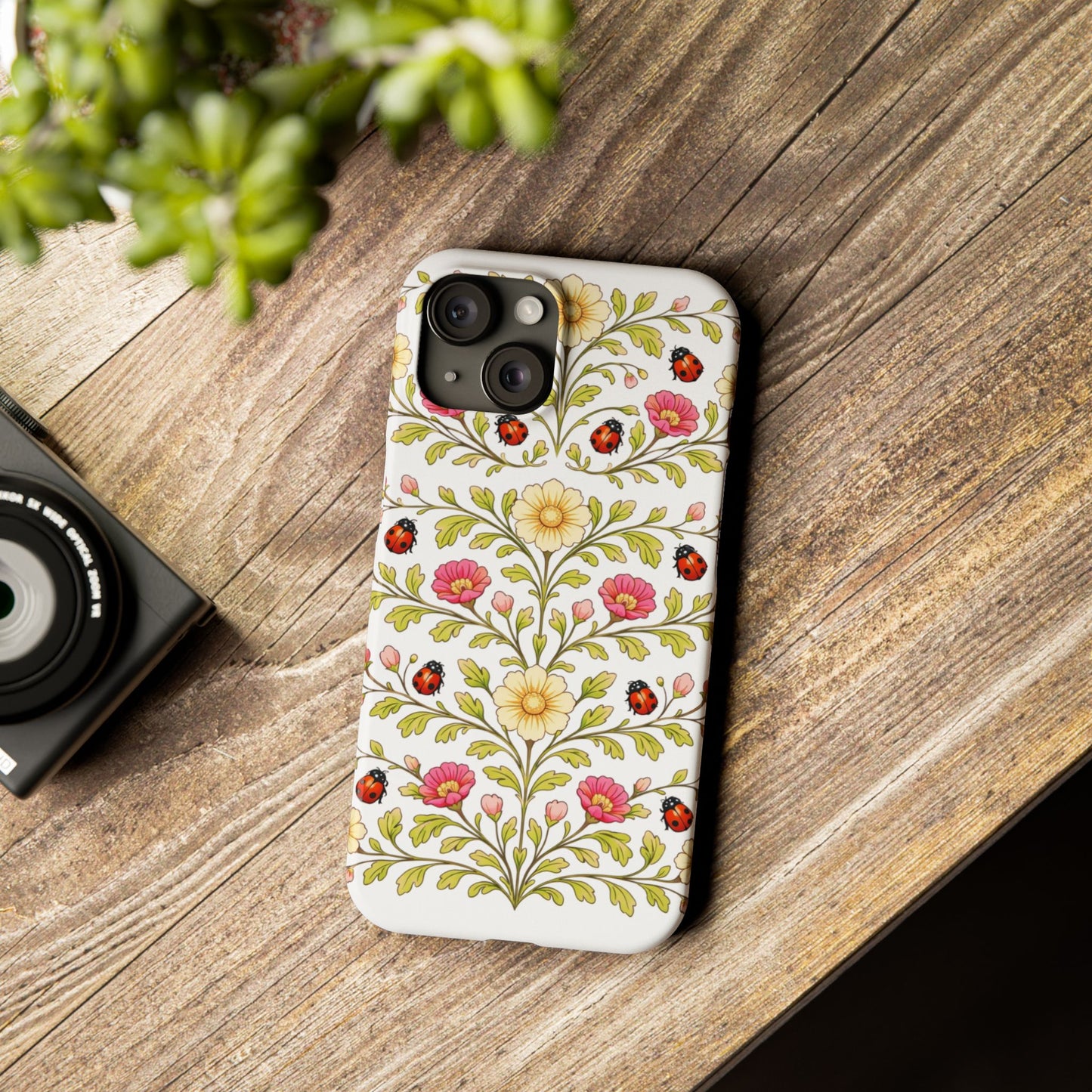 Floral Ladybug Slim Phone Case — Vintage Garden Pattern