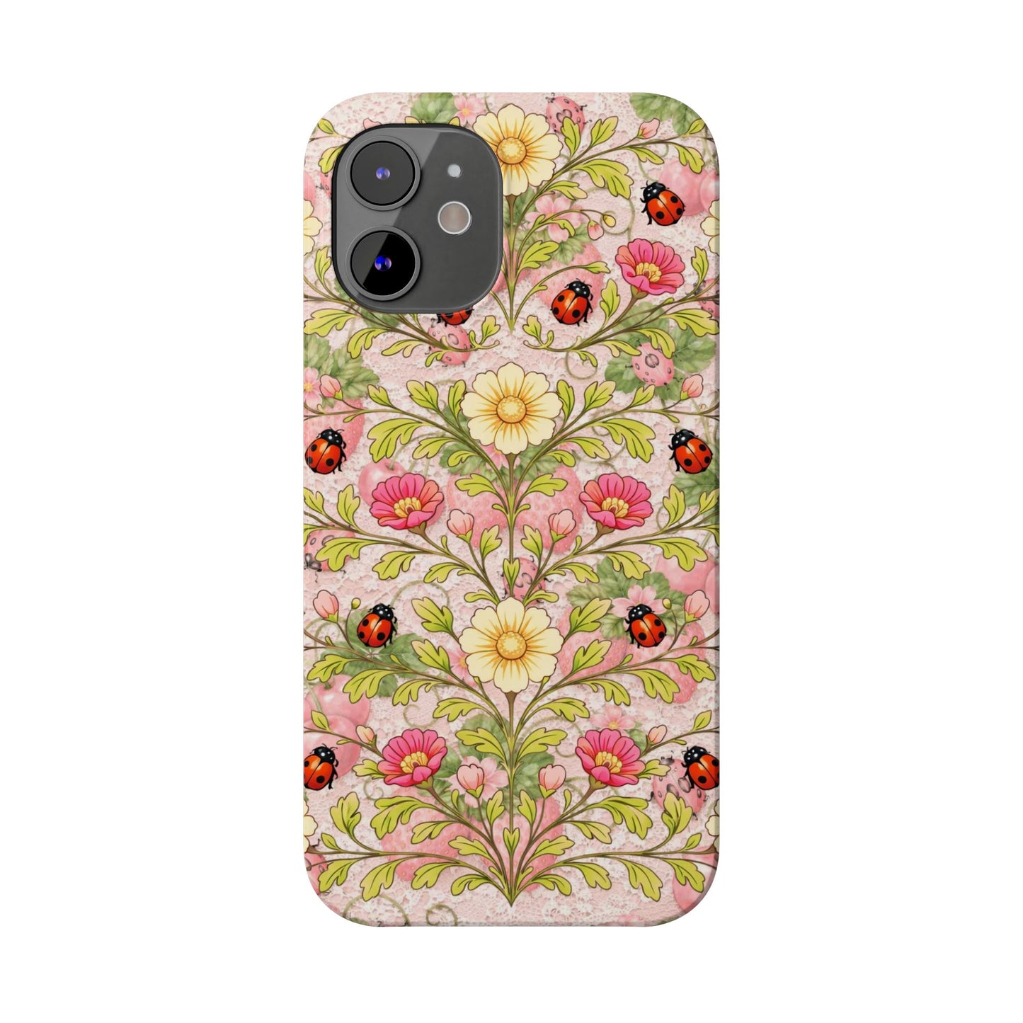 Floral Ladybug Slim Phone Case — Vintage Botanical Pink Garden Design