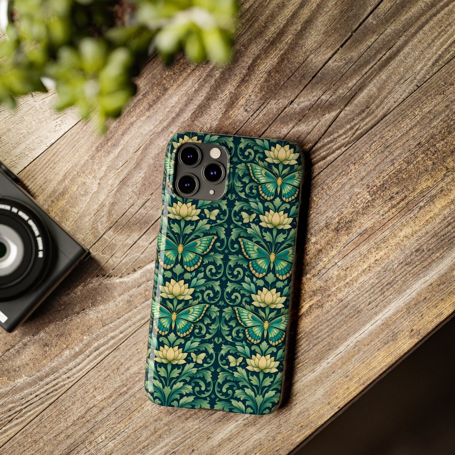 Slim Phone Case — Vintage Green Butterfly & Lotus Pattern