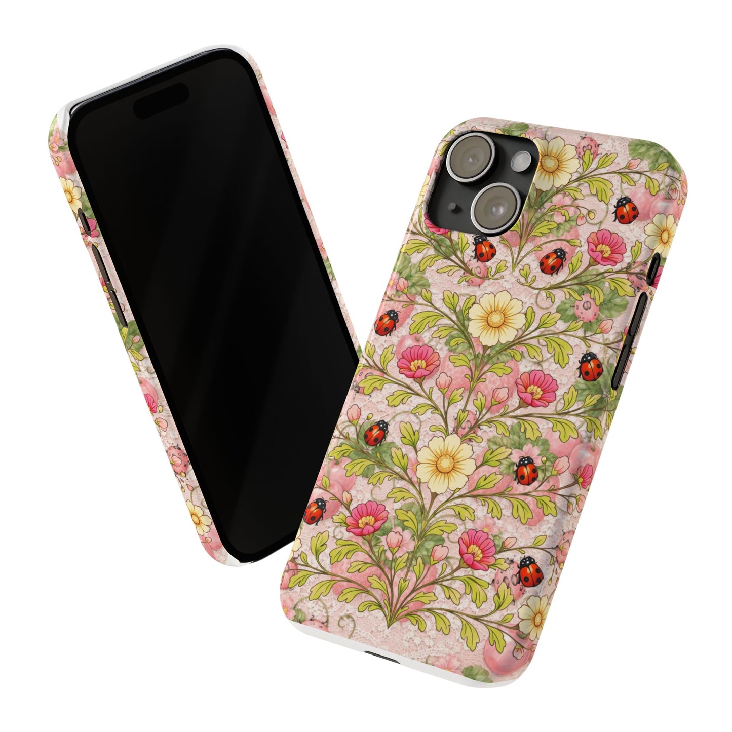 Floral Ladybug Slim Phone Case — Vintage Botanical Pink Garden Design