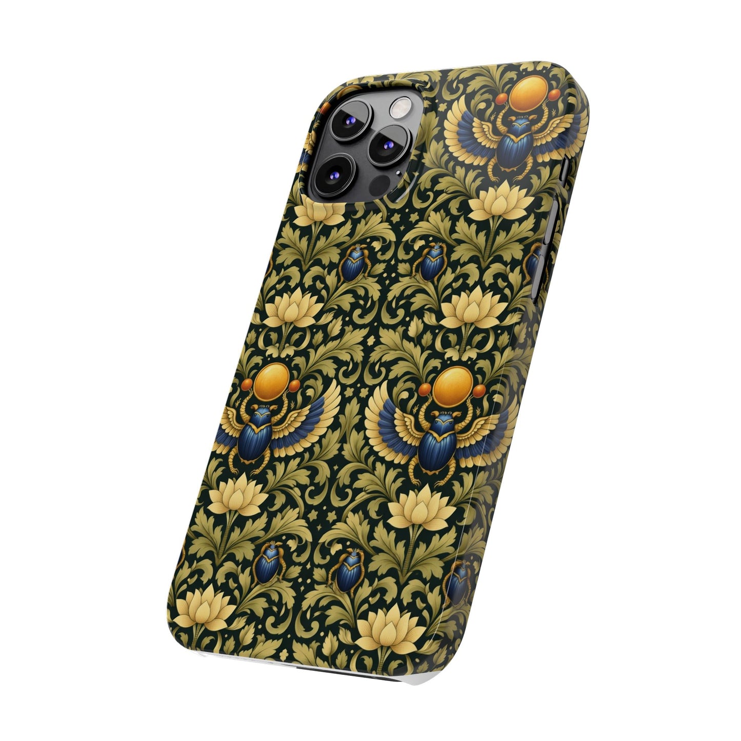 Slim Phone Case — Vintage Egyptian Scarab & Lotus Pattern (Gold on Olive)