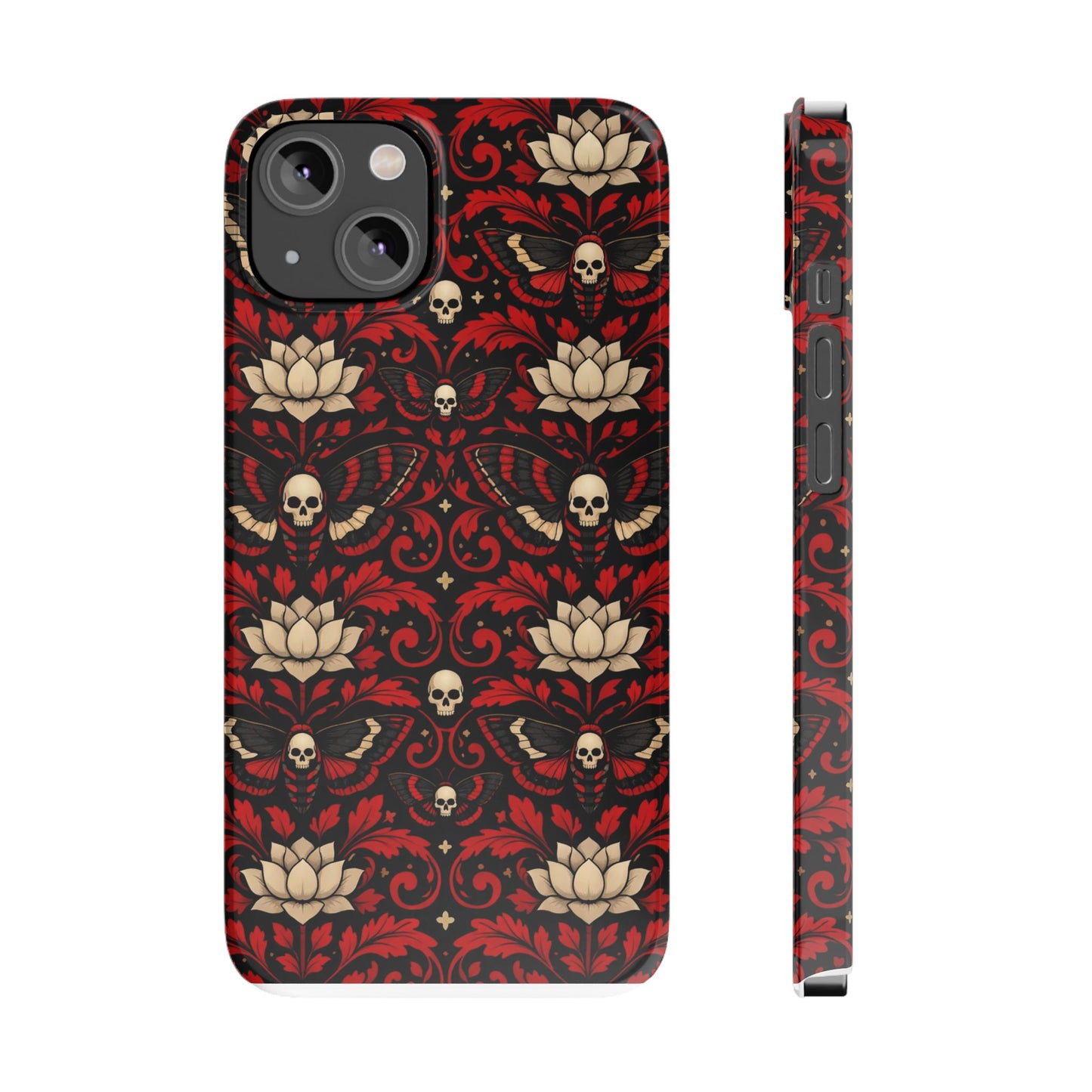 Gothic Skull & Lotus Slim Phone Case — Red Damask Moth Pattern
