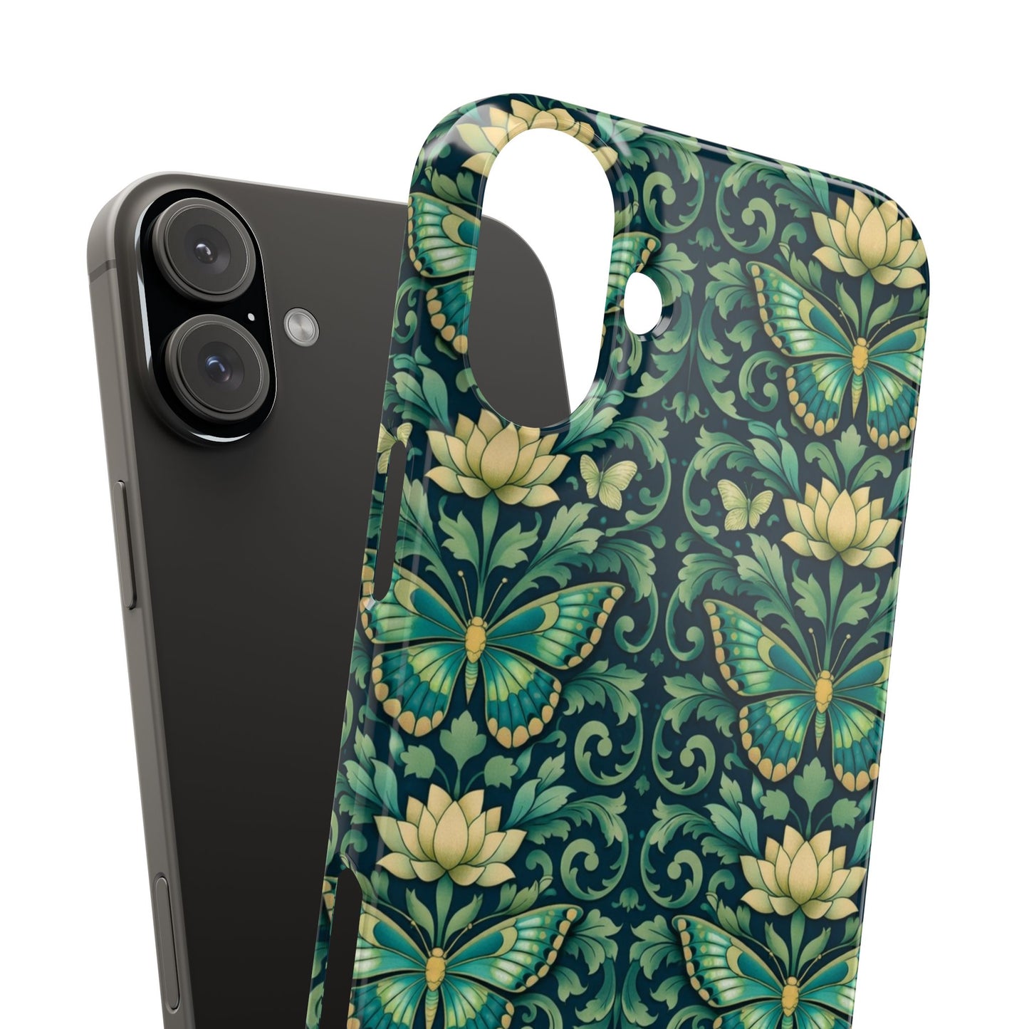 Slim Phone Case — Vintage Green Butterfly & Lotus Pattern