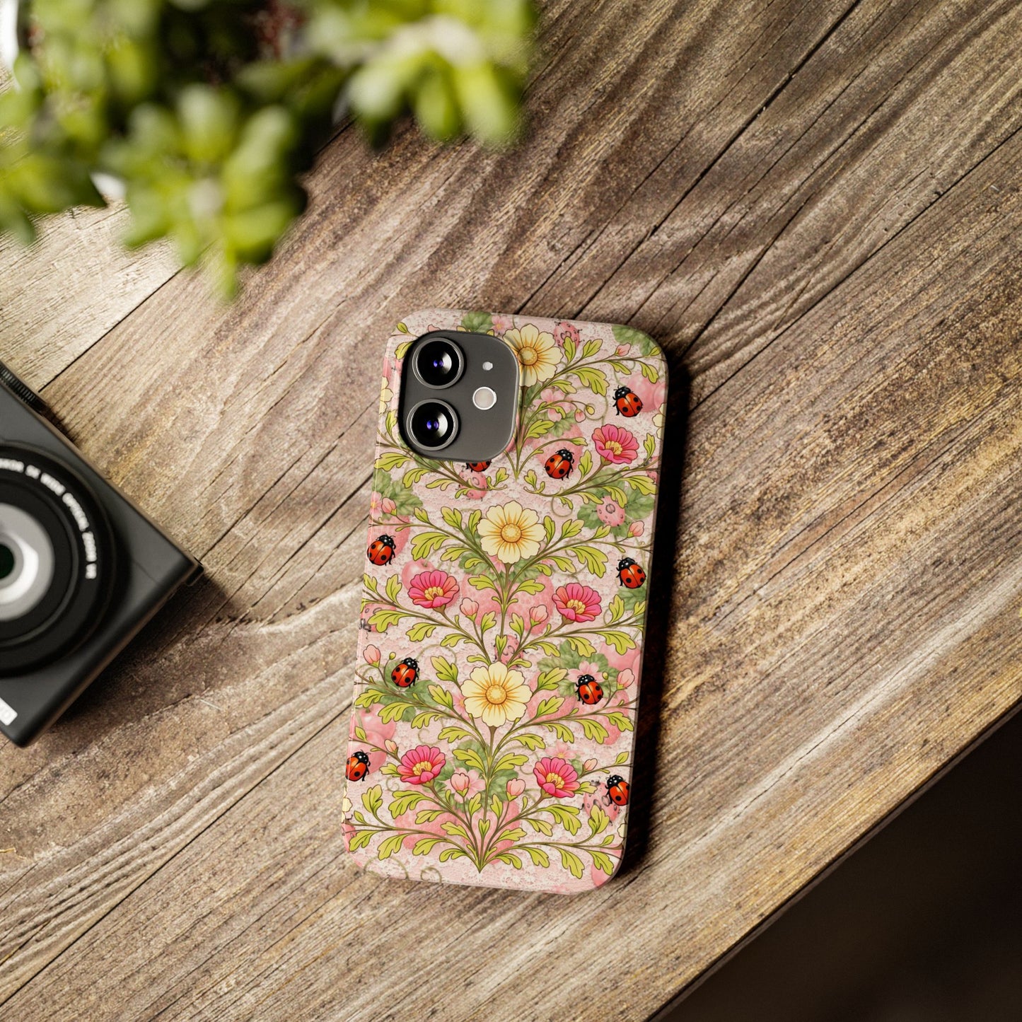 Floral Ladybug Slim Phone Case — Vintage Botanical Pink Garden Design