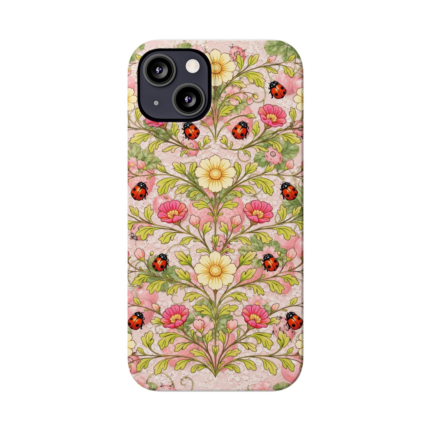 Floral Ladybug Slim Phone Case — Vintage Botanical Pink Garden Design
