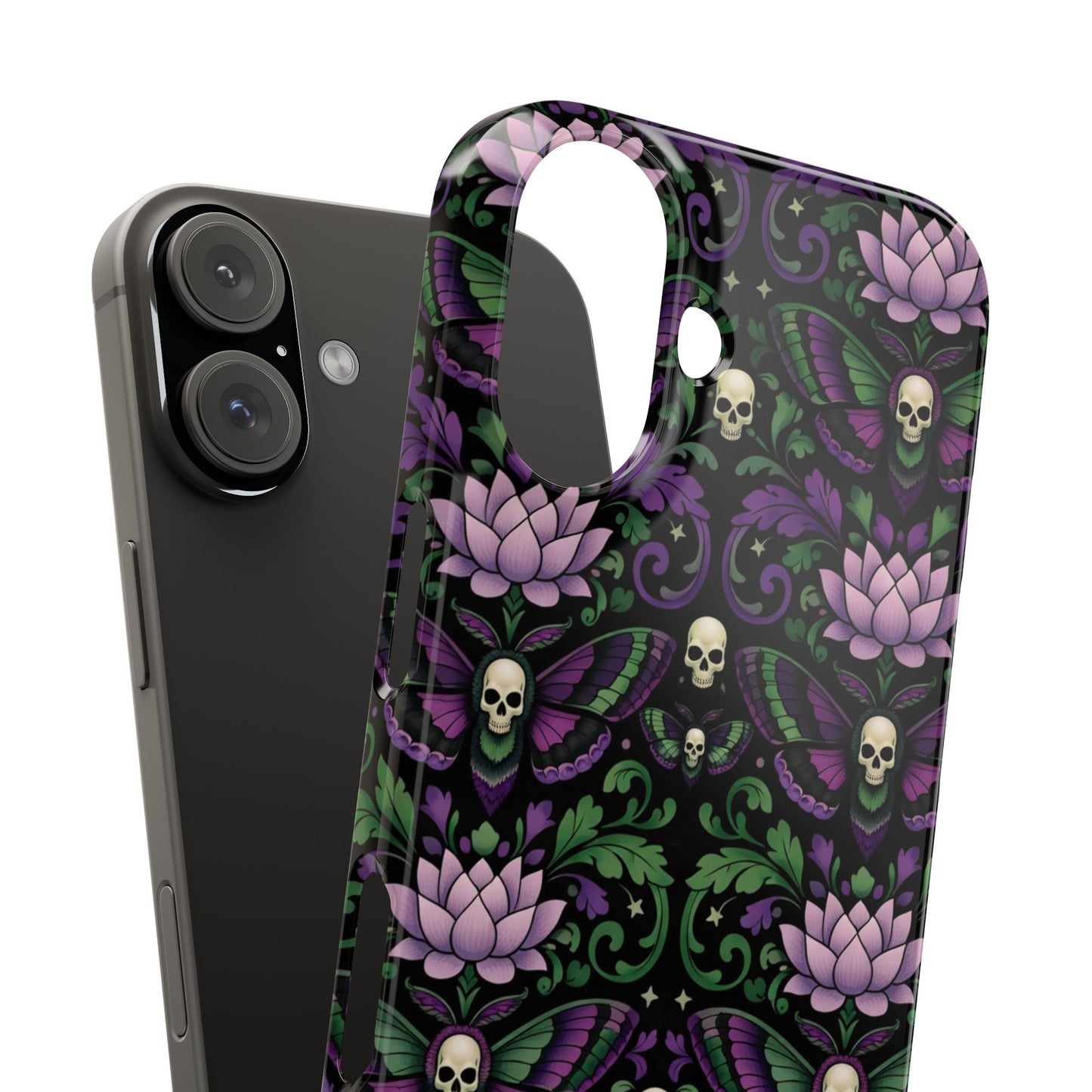 Gothic Lotus & Skull Slim Phone Case — Dark Floral Pattern for iPhone