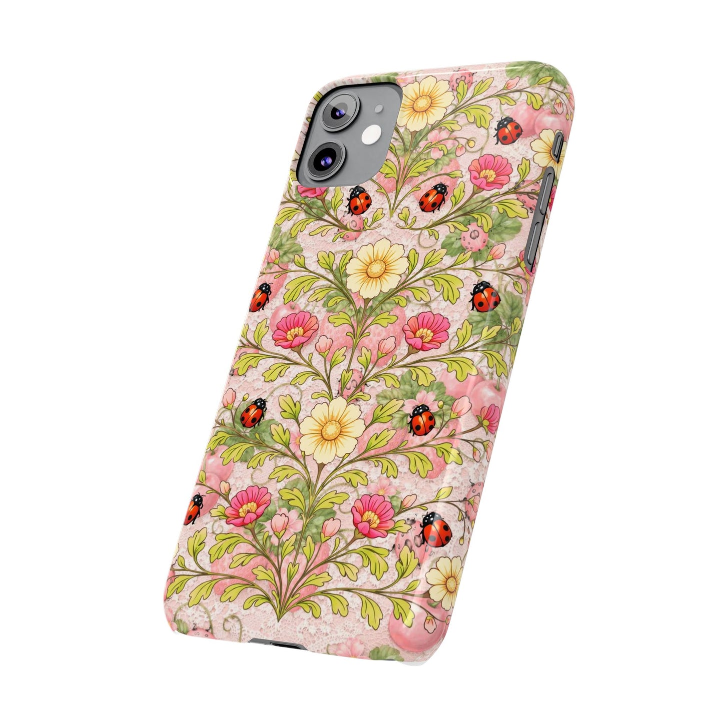 Floral Ladybug Slim Phone Case — Vintage Botanical Pink Garden Design
