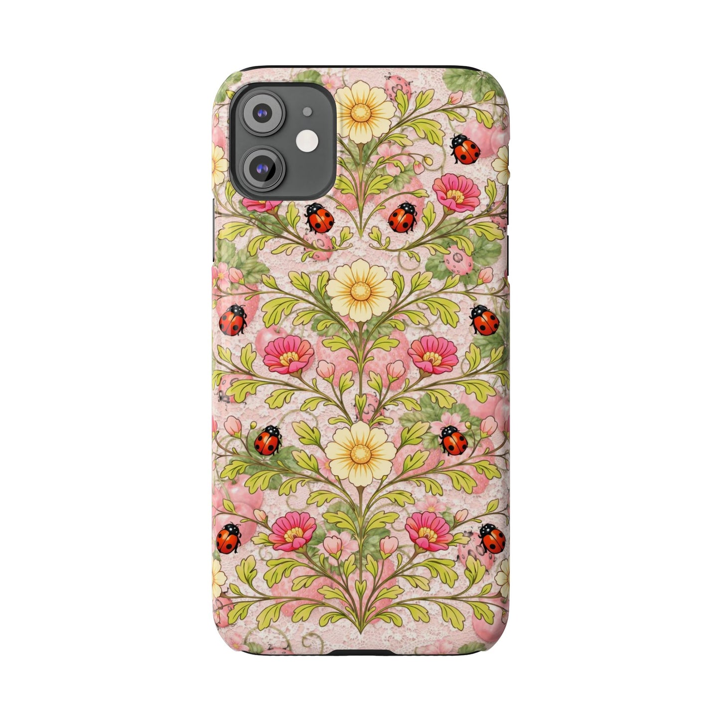 Floral Ladybug Slim Phone Case — Vintage Botanical Pink Garden Design
