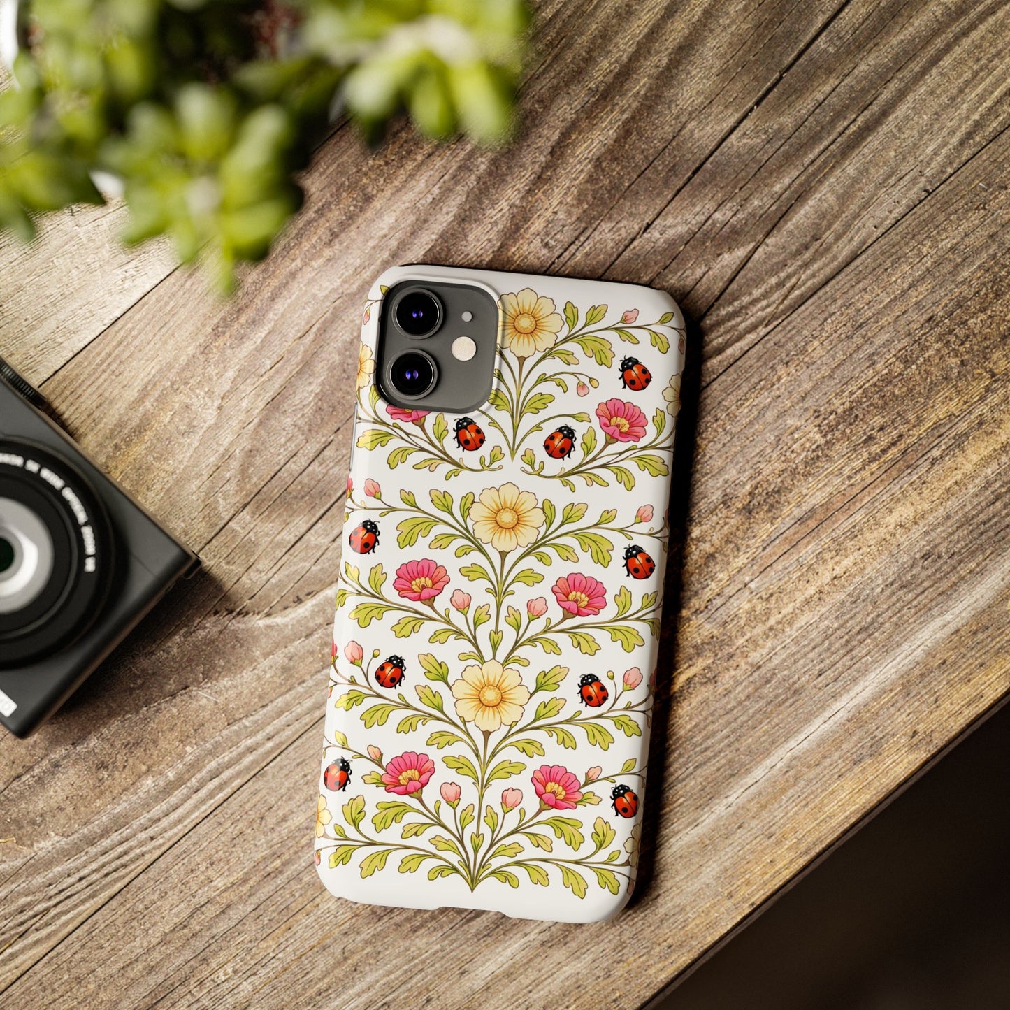 Floral Ladybug Slim Phone Case — Vintage Garden Pattern