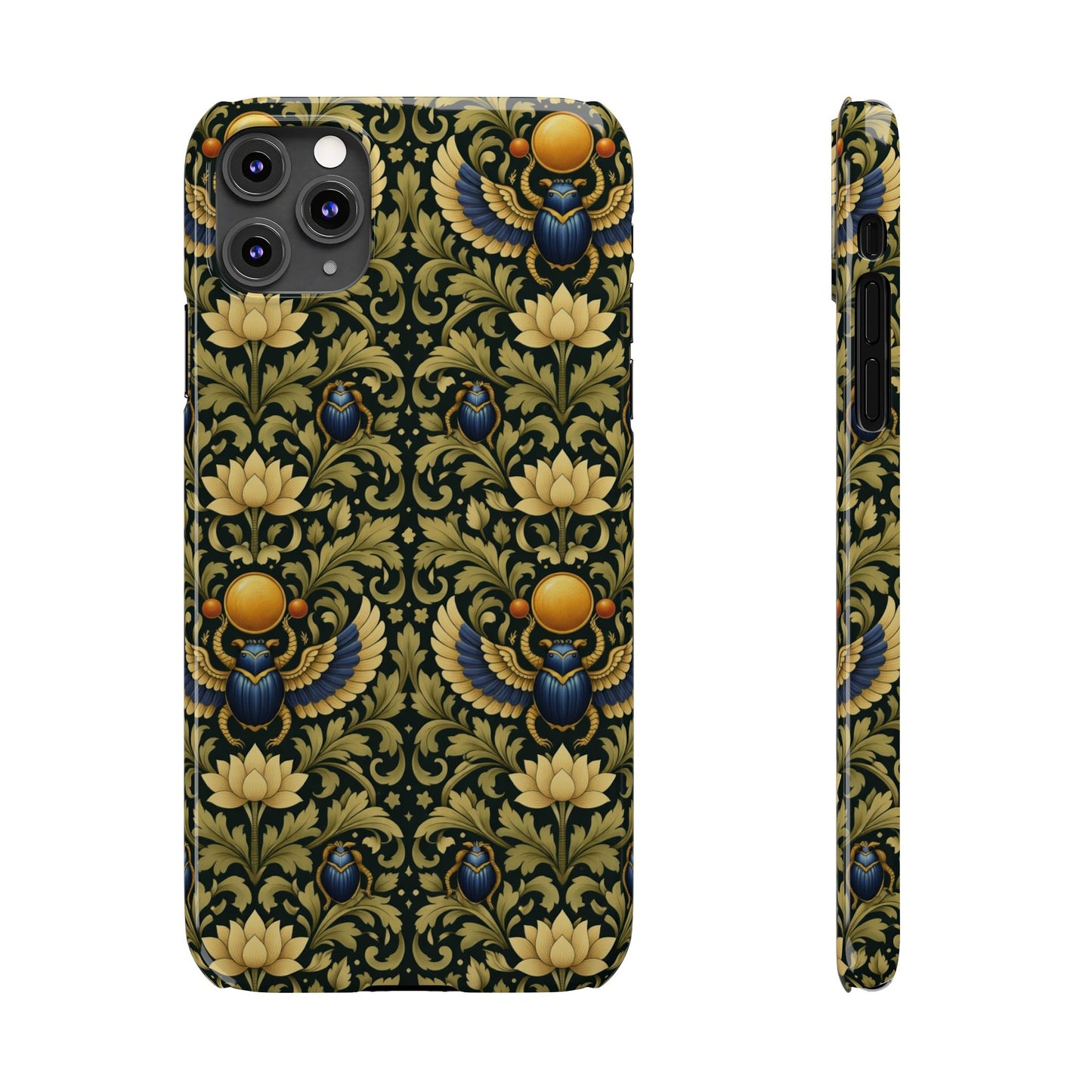 Slim Phone Case — Vintage Egyptian Scarab & Lotus Pattern (Gold on Olive)