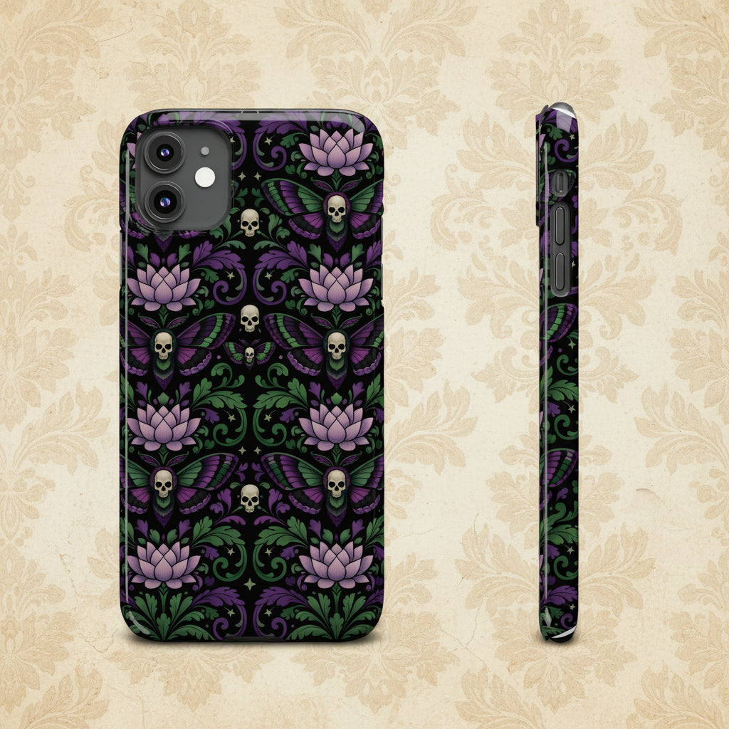 Gothic Lotus & Skull Slim Phone Case — Dark Floral Pattern for iPhone