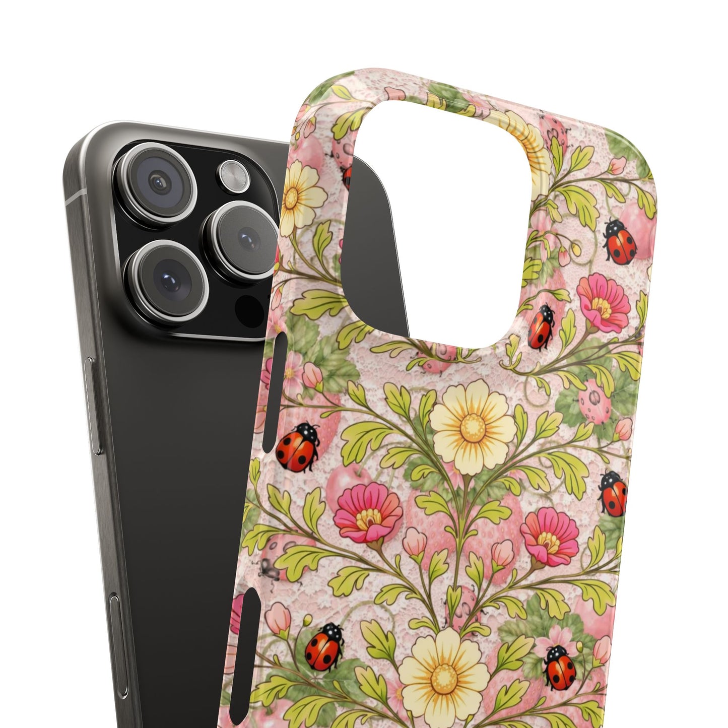 Floral Ladybug Slim Phone Case — Vintage Botanical Pink Garden Design