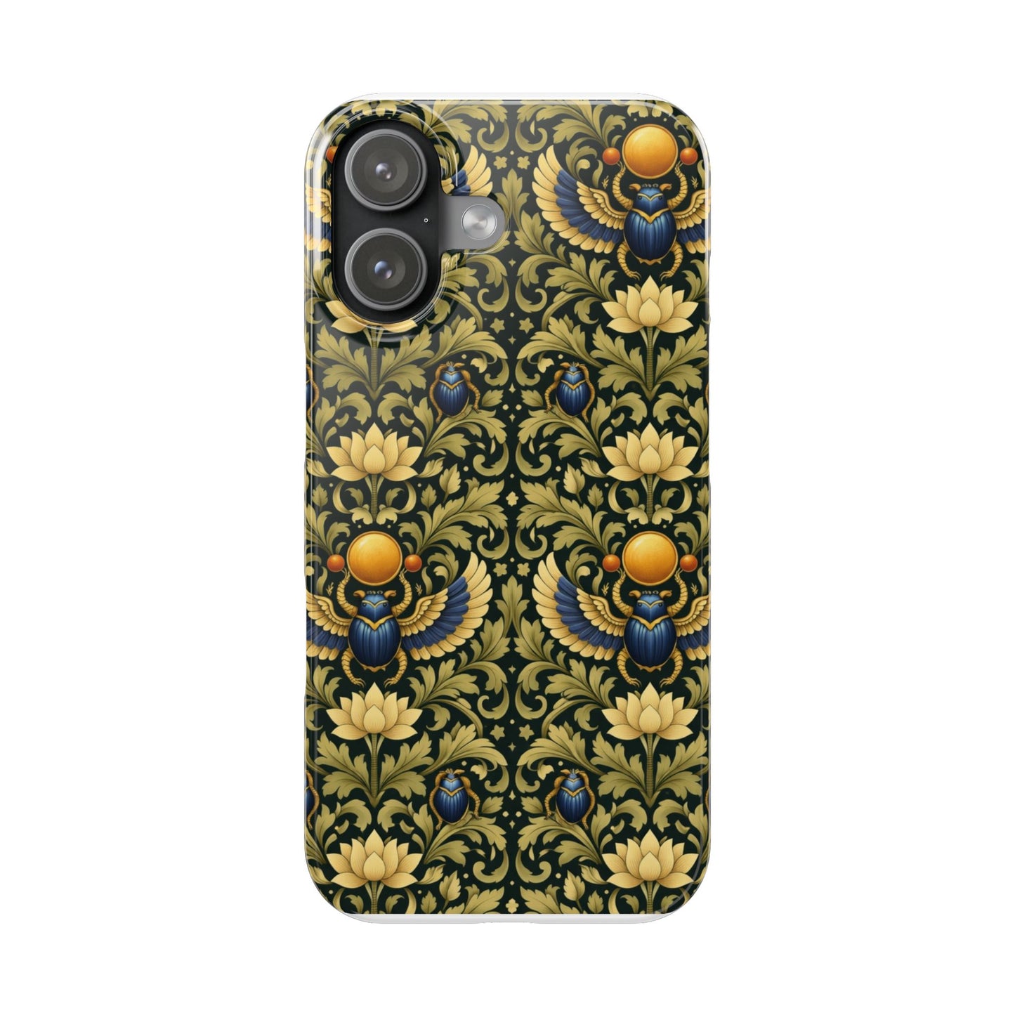 Slim Phone Case — Vintage Egyptian Scarab & Lotus Pattern (Gold on Olive)