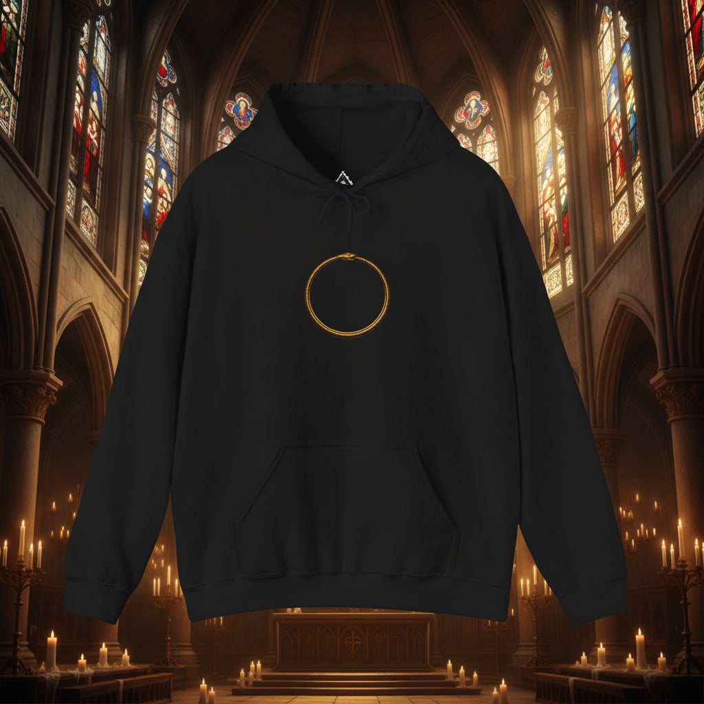 Hoodie with Minimal Bronze Ouroboros Graphic — Simple Circle Logo Pullover
