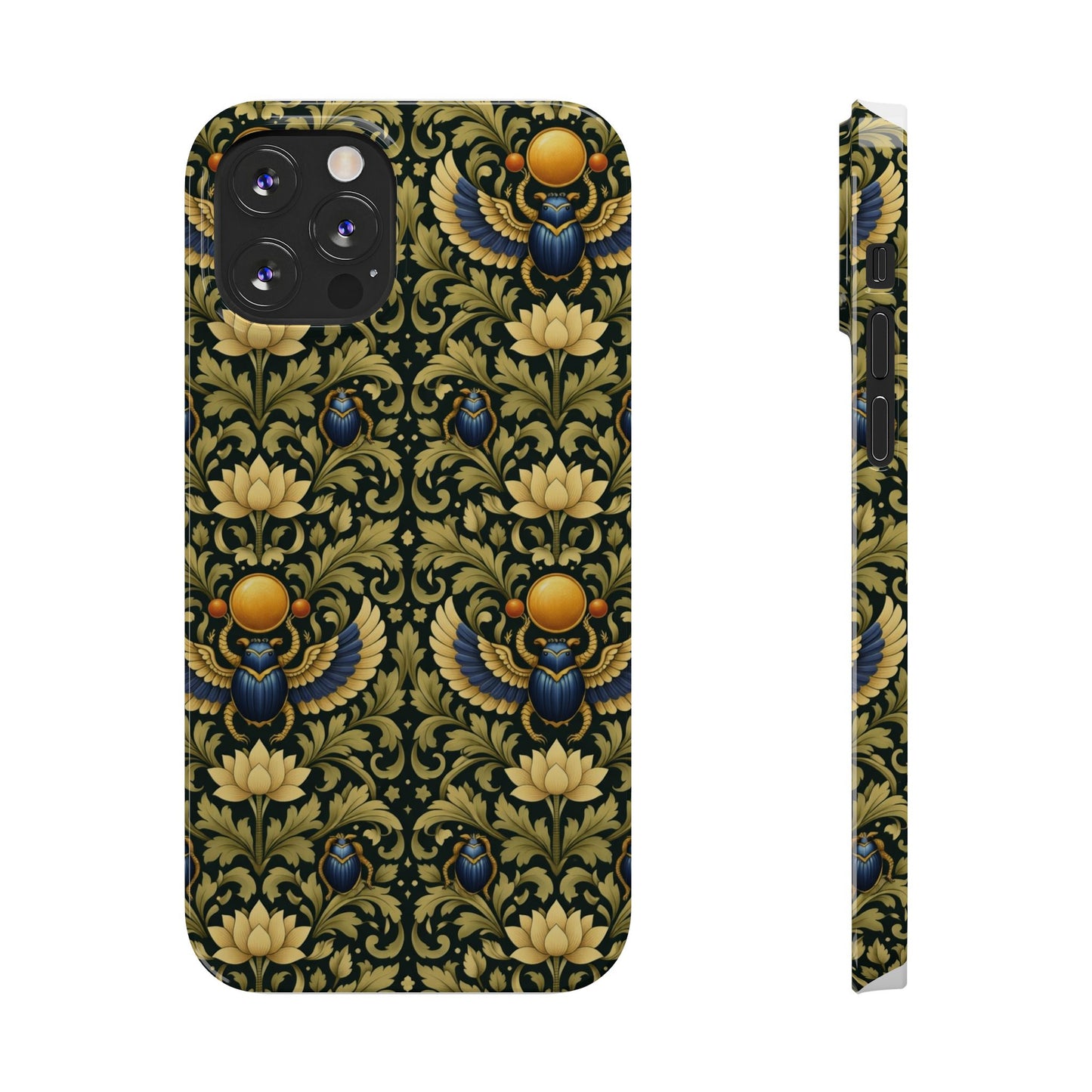 Slim Phone Case — Vintage Egyptian Scarab & Lotus Pattern (Gold on Olive)