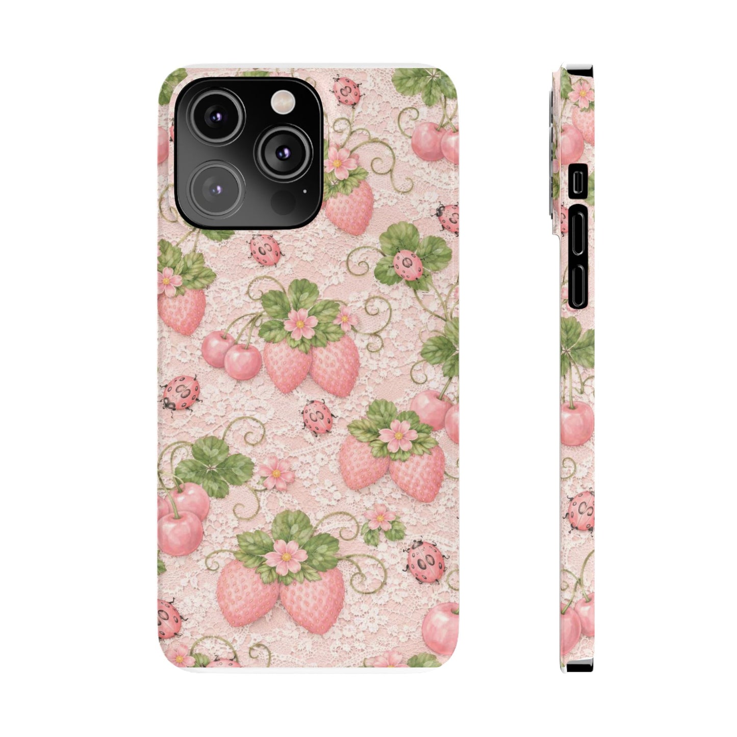 Strawberry Pattern Slim Phone Case — Vintage Pink Floral Fruit Design