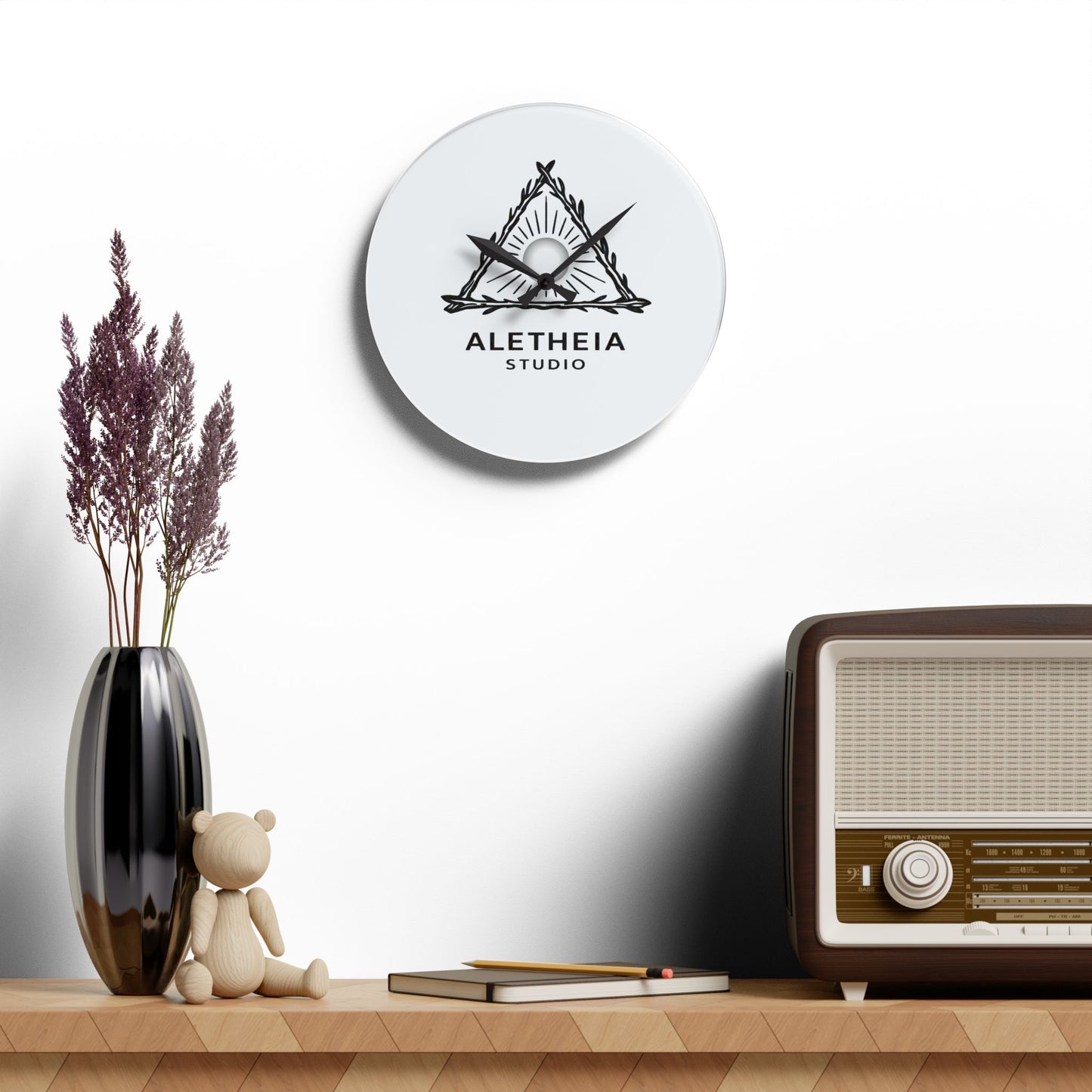 Aletheia Studio Logo Acrylic Wall Clock | Minimal Sunray Triangle Design