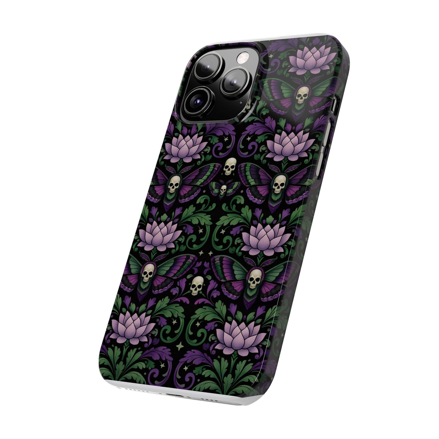 Gothic Lotus & Skull Slim Phone Case — Dark Floral Pattern for iPhone