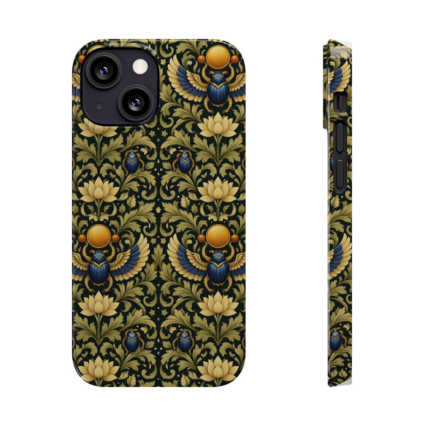 Slim Phone Case — Vintage Egyptian Scarab & Lotus Pattern (Gold on Olive)