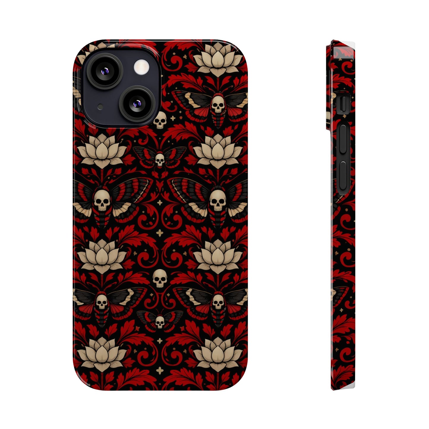 Gothic Skull & Lotus Slim Phone Case — Red Damask Moth Pattern