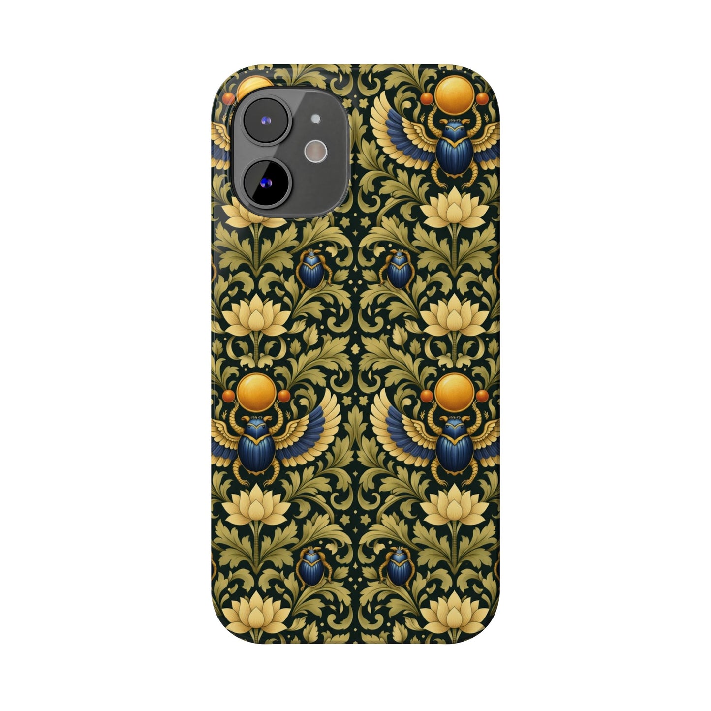 Slim Phone Case — Vintage Egyptian Scarab & Lotus Pattern (Gold on Olive)