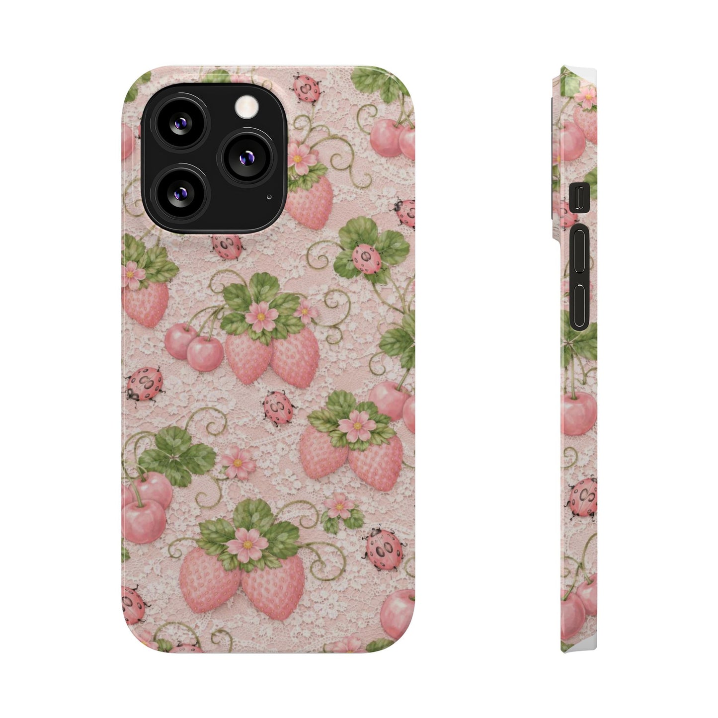 Strawberry Pattern Slim Phone Case — Vintage Pink Floral Fruit Design