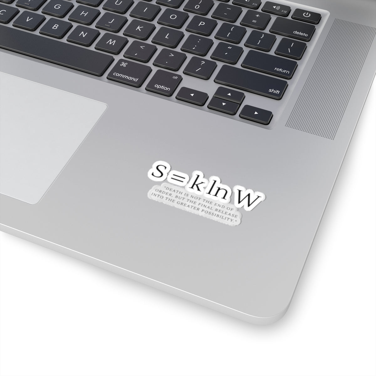 Minimalist Typographic Sticker — “S = k ln W” Formula with Quote