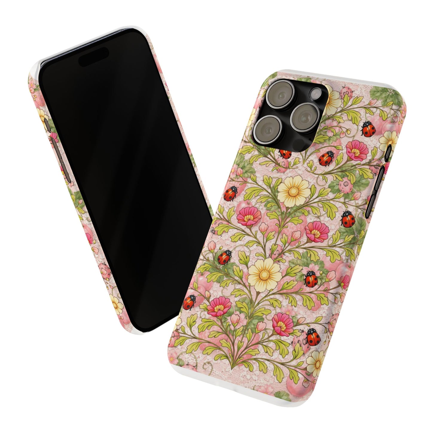 Floral Ladybug Slim Phone Case — Vintage Botanical Pink Garden Design