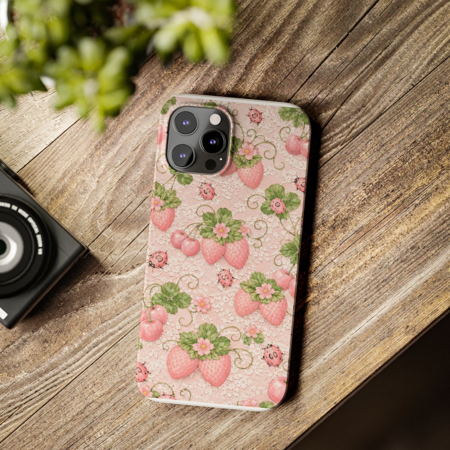 Strawberry Pattern Slim Phone Case — Vintage Pink Floral Fruit Design