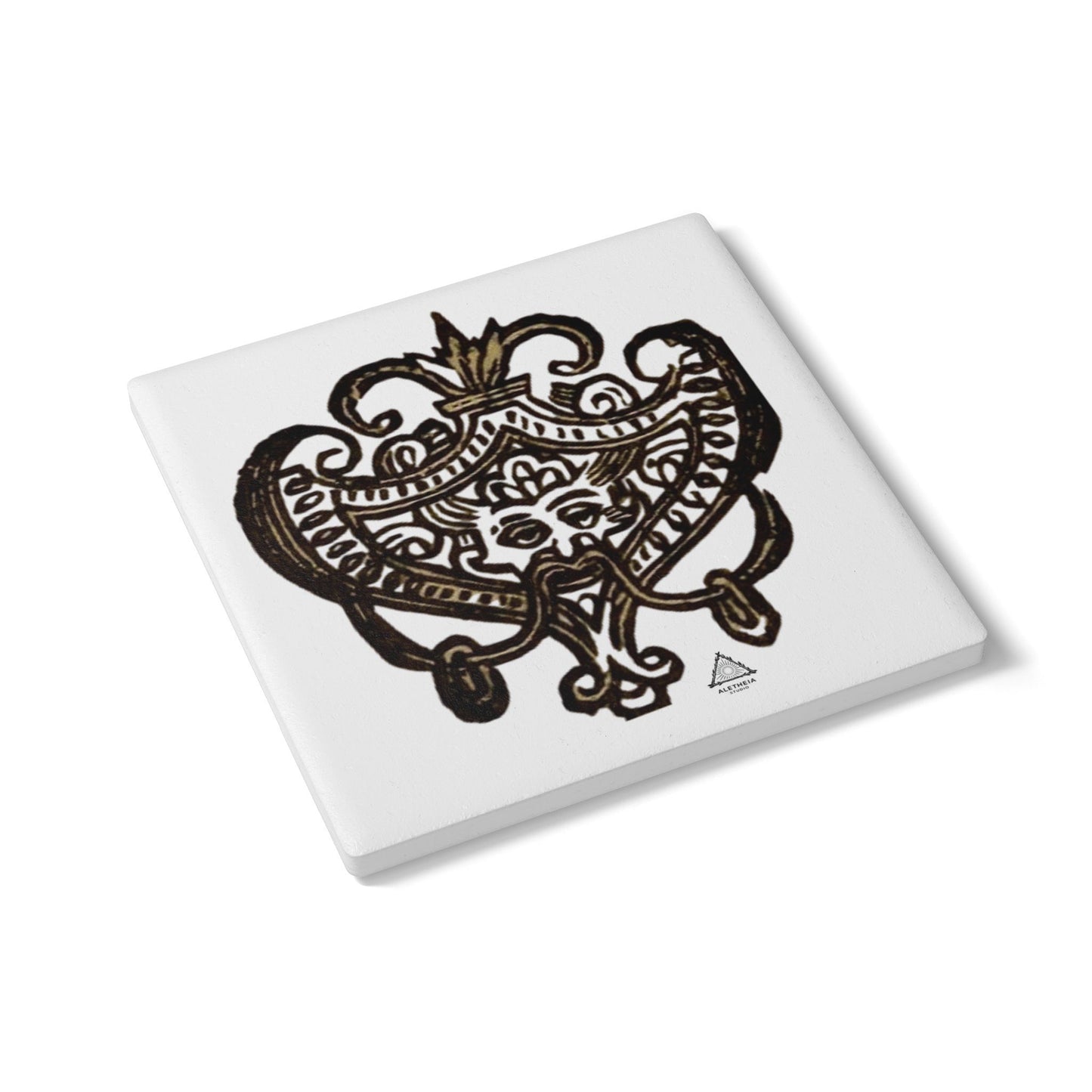 Vintage Fleur-de-Lis Ceramic Coaster — Ornate Gothic Mask Design