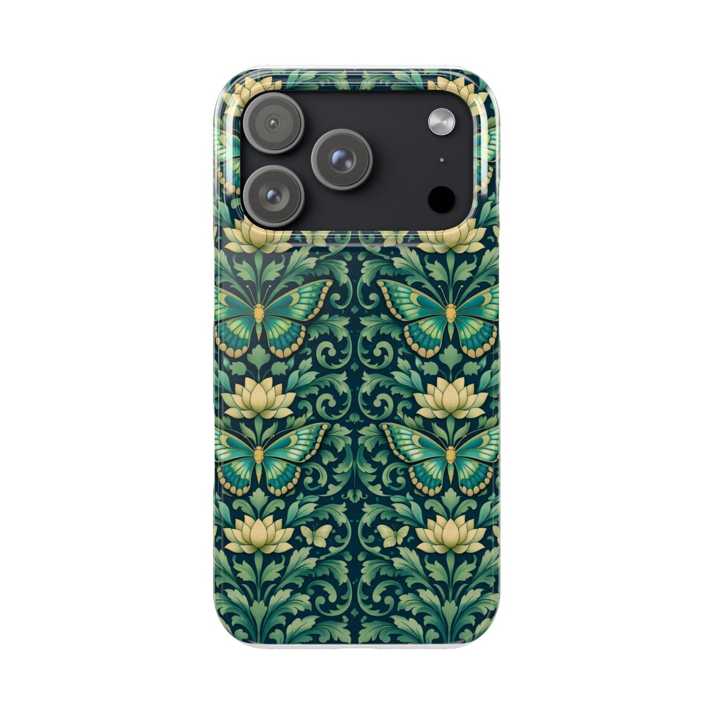Slim Phone Case — Vintage Green Butterfly & Lotus Pattern