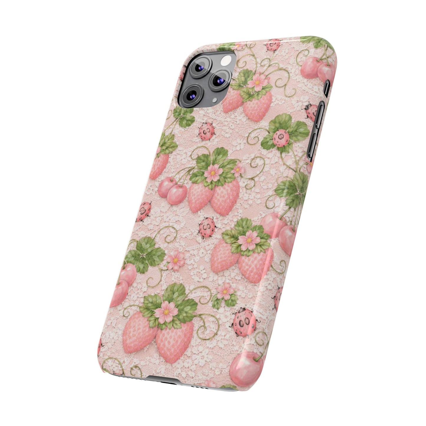 Strawberry Pattern Slim Phone Case — Vintage Pink Floral Fruit Design
