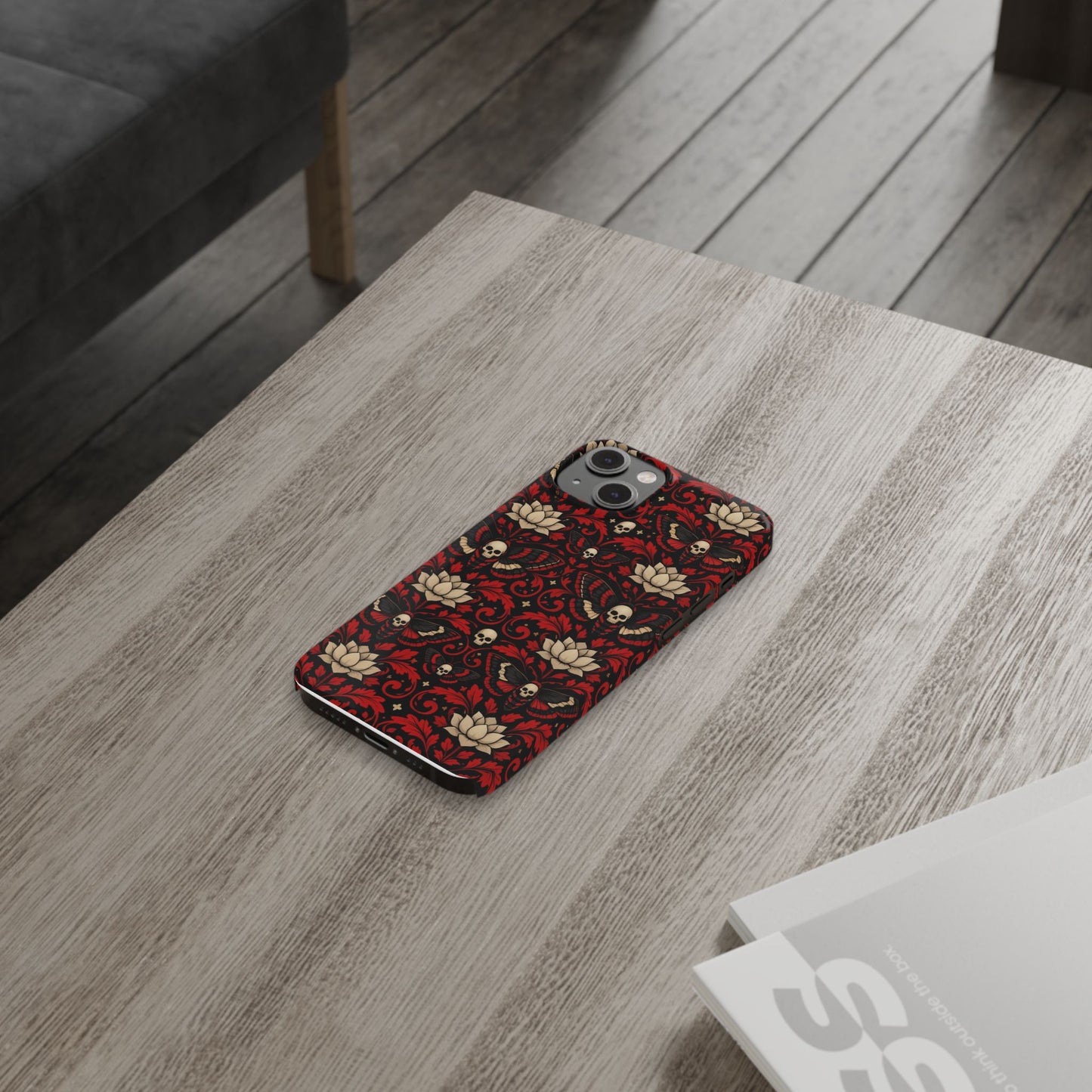 Gothic Skull & Lotus Slim Phone Case — Red Damask Moth Pattern