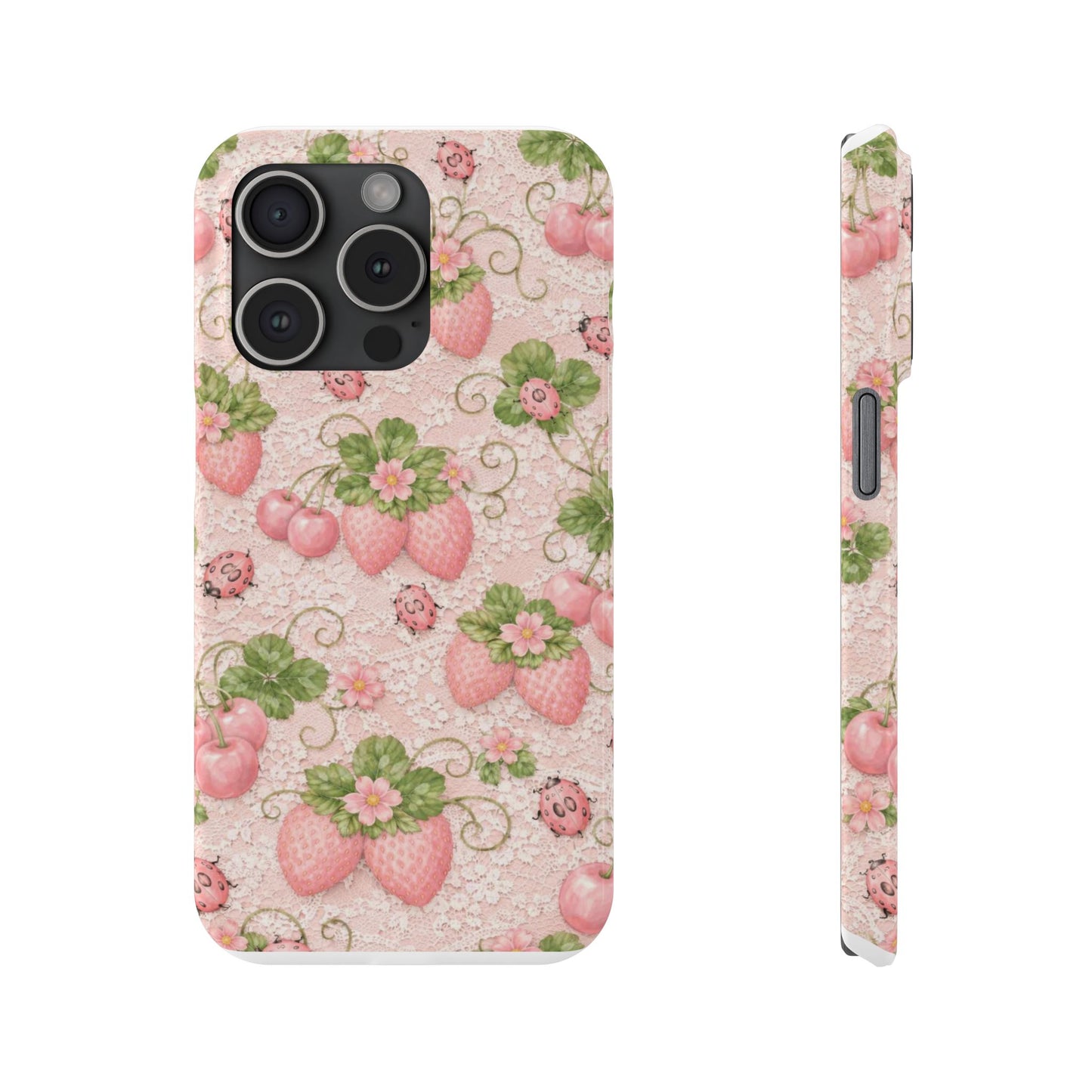 Strawberry Pattern Slim Phone Case — Vintage Pink Floral Fruit Design