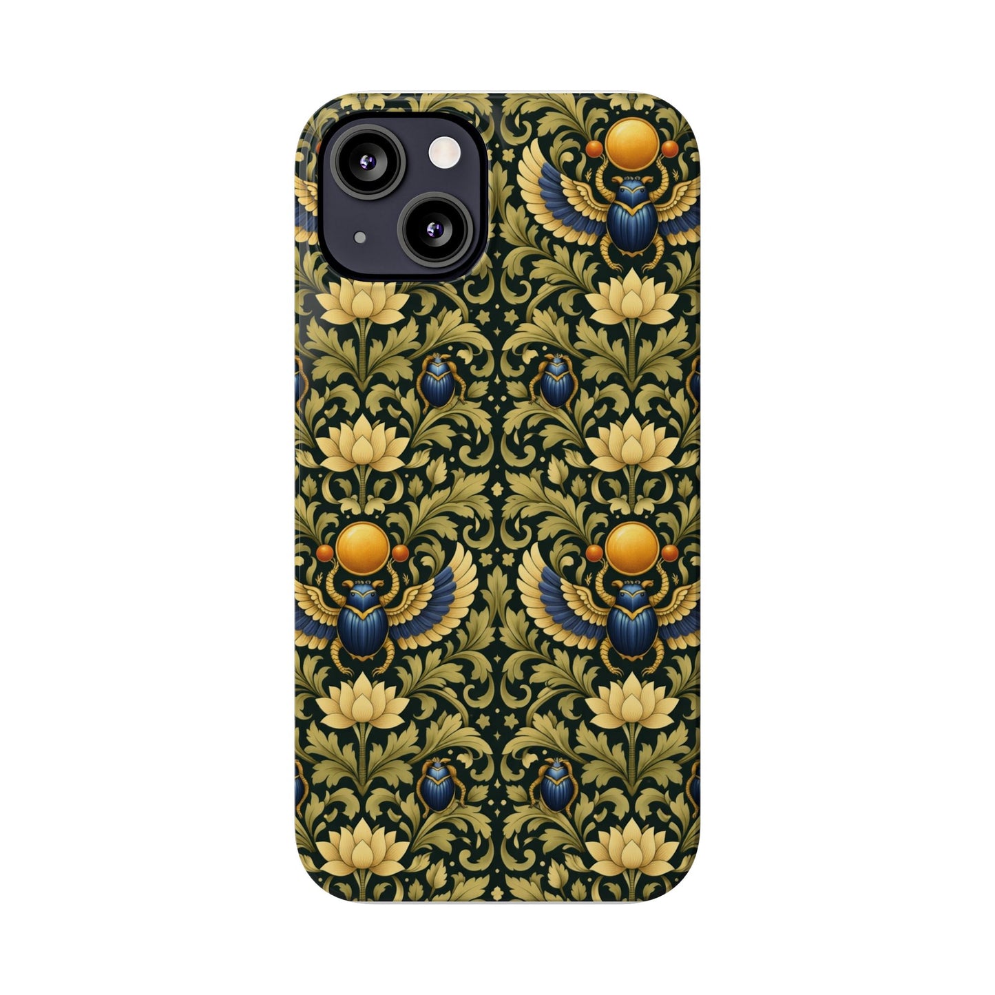 Slim Phone Case — Vintage Egyptian Scarab & Lotus Pattern (Gold on Olive)