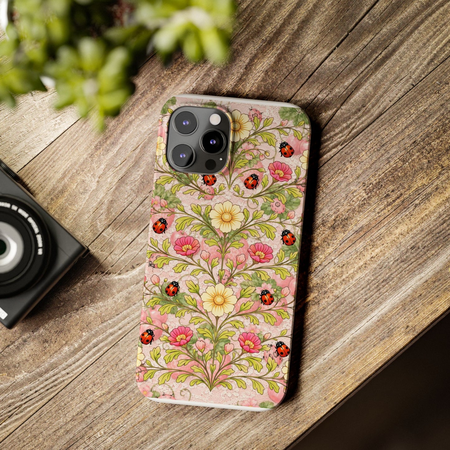 Floral Ladybug Slim Phone Case — Vintage Botanical Pink Garden Design