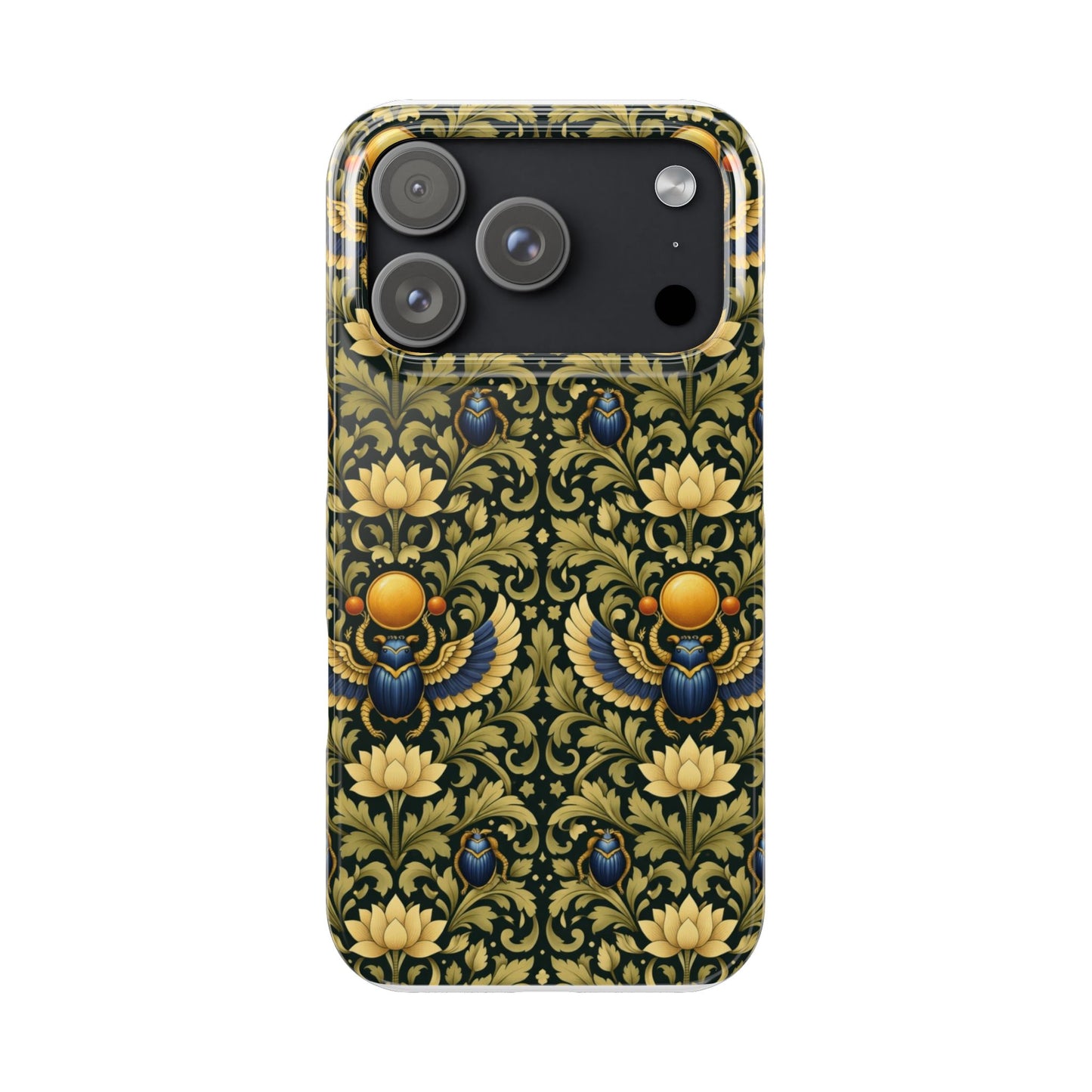 Slim Phone Case — Vintage Egyptian Scarab & Lotus Pattern (Gold on Olive)
