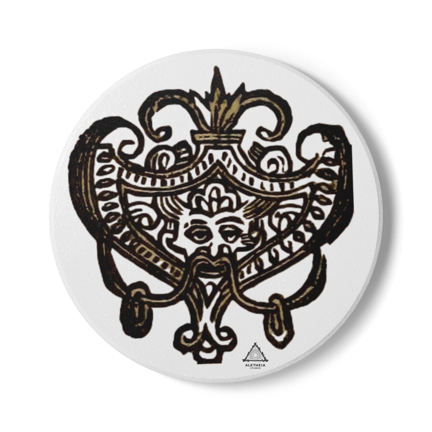 Vintage Fleur-de-Lis Ceramic Coaster — Ornate Gothic Mask Design