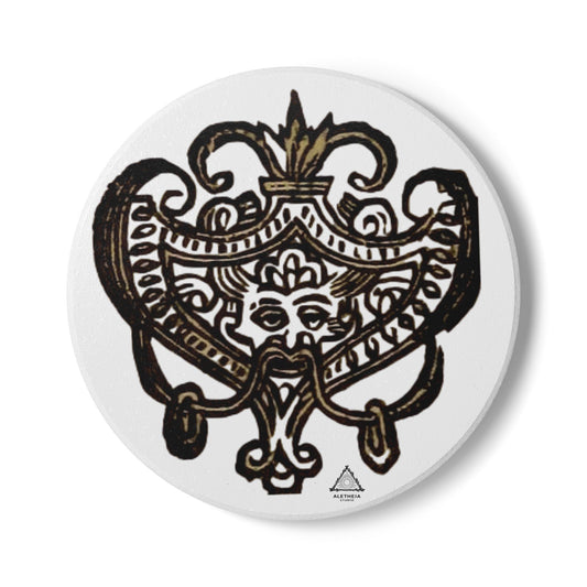 Vintage Fleur-de-Lis Ceramic Coaster — Ornate Gothic Mask Design