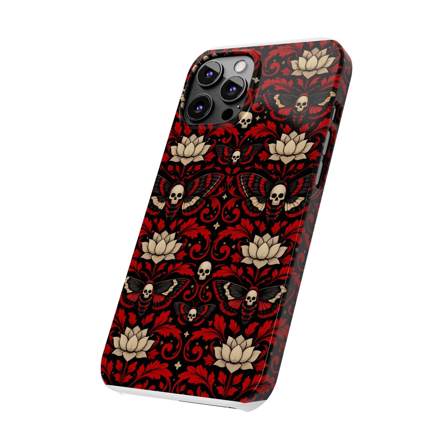 Gothic Skull & Lotus Slim Phone Case — Red Damask Moth Pattern
