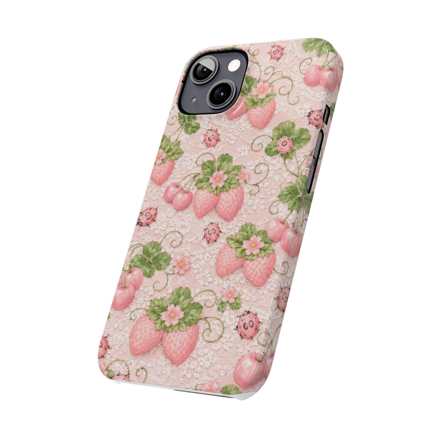 Strawberry Pattern Slim Phone Case — Vintage Pink Floral Fruit Design